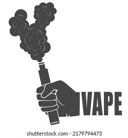 Vector image of a hand with a vape and smoke or vapor coming from the vape. Electronic device for smoking in hand. Silhouette image in gray tones, the inscription VAPE.