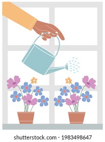 Vector image of a hand with a watering can watering flowers