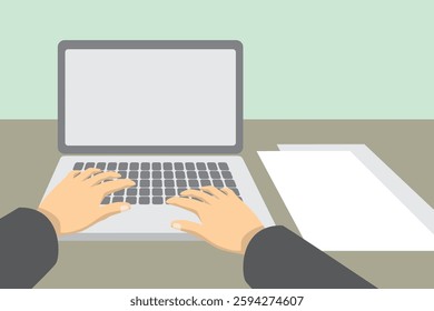 vector image of a hand working in front of a laptop with papers beside it