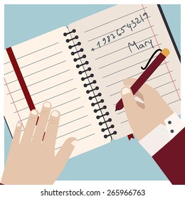 Vector Image Of Hand Writing In Notebook, Flat Style Illustration Icon