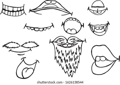 

Vector image Hand-drawn. Abstract manifestations of emotions, smiles, showing the tongue. Design for greeting cards, prints, textiles, wallpaper, covers.