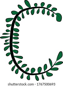 Vector image. Hand-drawn brush letter C. Part of the English alphabet. Black tree branch and bright juicy green foliage. Leaves of a Bush. The summer mood. Calligraphy and lettering. Eco, nature theme