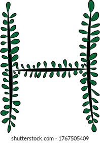 Vector image. Hand-drawn brush letter H. Part of the English alphabet. Black tree branch and bright juicy green foliage. Leaves of a Bush. The summer mood. Calligraphy and lettering. Eco, nature theme