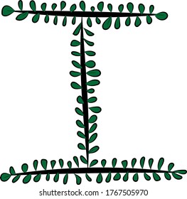 Vector image. Hand-drawn brush letter I. Part of the English alphabet. Black tree branch and bright juicy green foliage. Leaves of a Bush. The summer mood. Calligraphy and lettering. Eco, nature theme