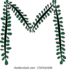 Imagen vectorial. Letra M. Parte del alfabeto inglés del pincel dibujado a mano. Rama de árbol negro y follaje verde brillante. Hojas de un Bush. El ambiente de verano. Caligrafía y letras. Eco, tema de la naturaleza