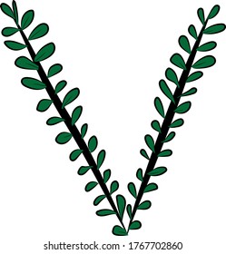 Vektorbild. Handgezeichneter Bürstenbrief V. Teil des englischen Alphabets. Schwarzer Baumzweig und hellgrünes Blattwerk. Blätter eines Bush. Die Sommerstimmung. Kalligrafie und Schrift. Ökodesign, Naturthema