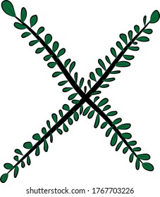 Vector image. Hand-drawn brush letter X. Part of the English alphabet. Black tree branch and bright juicy green foliage. Leaves of a Bush. The summer mood. Calligraphy and lettering. Eco, nature theme
