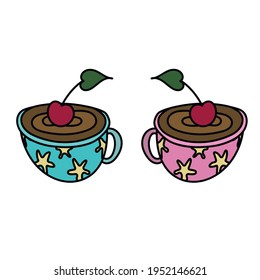 imagen vectorial de las divertidas tazas de café dibujadas a mano con cerezas y estrellas. aislado en un fondo blanco. logotipo, icono, impresión, pegatina, decoración, gráfico, dibujo, doodle