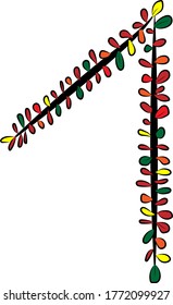 Vector image. Hand-drawn number 1. Arabic numeral. A black tree branch and bright multicolored autumn foliage. Leaves of a Bush. Autumn mood. Calligraphy and inscriptions. Eco, nature theme