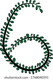 Vector image. Hand-drawn number 6. Arabic numerals. Black tree branch and bright juicy green foliage. Leaves of a Bush. The summer mood. Calligraphy and lettering. Eco, nature theme