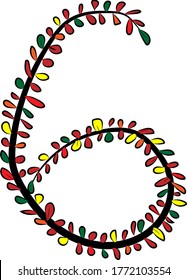 Vektorbild. Handgezeichnete Nummer 6. Arabische Zahl. Ein schwarzer Baumzweig und helles, mehrfarbiges Herbstblatt. Blätter eines Bush. Herbststimmung. Kalligrafie und Inschriften. Ökodesign, Naturthema