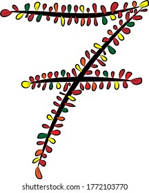 Imagen vectorial. Número 7. Número árabe. Rama de árbol negro y follaje multicolor brillante de otoño. Hojas de un Bush. Humor otoñal. Caligrafía e inscripciones. Eco, tema de la naturaleza