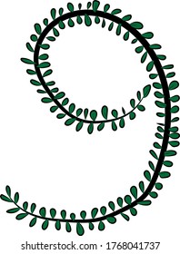 Vector image. Hand-drawn number 9. Arabic numerals. Black tree branch and bright juicy green foliage. Leaves of a Bush. The summer mood. Calligraphy and lettering. Eco, nature theme