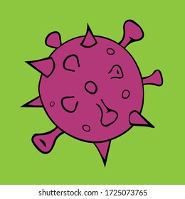 Vector image of a hand-drawn virus cell in cartoon style. Large, purple virus cell with a black outline on a green background.