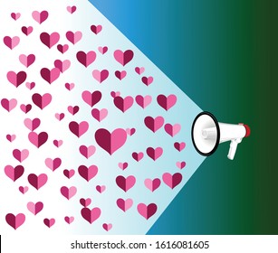 Vector image of a handheld loudspeaker with hearts, unusual valentine