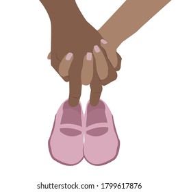Vector image of hands with baby shoes. This is a girl.