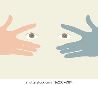 Vector image of hands. A man looks at the world through his fingers. Hand drawn illustration.