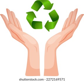 Imagen vectorial de las manos apuntando con icono de reciclaje sobre fondo transparente. Protección del medio ambiente, energía renovable, desarrollo sostenible, energía renovable, ecovida