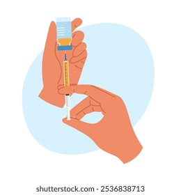 Vektorbild der Hände, die eine Spritze für die Injektion vorbereiten. Gesundheitsfürsorge und Impfkonzept