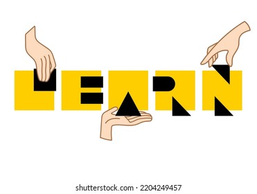 vector image hands put together the word "learn" from cubes isolated on white background. useful for schools, lyceums, preschool institutions, educational programs for children, developing circles