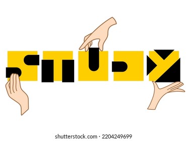 vector image hands put together the word "study" from cubes isolated on white background. useful for schools, lyceums, preschool institutions, educational programs for children, developing circles