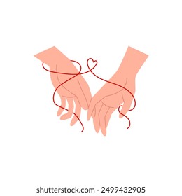 Vector image of hands touching each other, connected by a red thread. Illustrates the concept of everlasting love and is ideal for a variety of design needs. Flat style on isolated background.