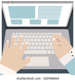 Vector image of hands typing on laptop, flat style illustration icon