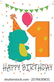 Vector image of a Happy Birthday greeting card. Dinosaur in a party hat with a balloon. Ideal for birthday cards and children's designs.