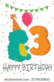 Vector image of a Happy Birthday greeting card. Dinosaur in a party hat with a balloon. Ideal for birthday cards and children's designs.