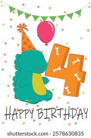 Vector image of a Happy Birthday greeting card. Dinosaur in a party hat with a balloon. Ideal for birthday cards and children's designs.