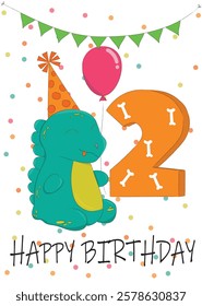 Vector image of a Happy Birthday greeting card. Dinosaur in a party hat with a balloon. Ideal for birthday cards and children's designs.