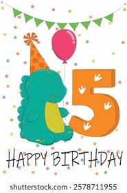 Vector image of a Happy Birthday greeting card. Dinosaur in a party hat with a balloon. Ideal for birthday cards and children's designs.