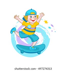 Vector image. Happy boy riding a skateboard.