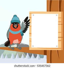 Vector image of the Happy Bullfinch with Hat on the Tree winter flat background