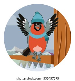 Vector image of the Happy Bullfinch with Hat on the Tree winter flat background