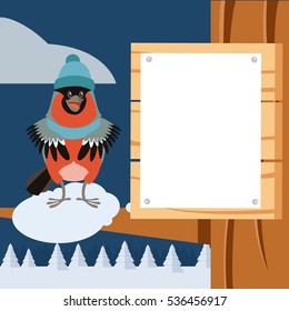 Vector image of the Happy Bullfinch with Hat on the Tree winter flat background