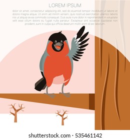Vector image of the Happy Bullfinch on the Tree winter flat background