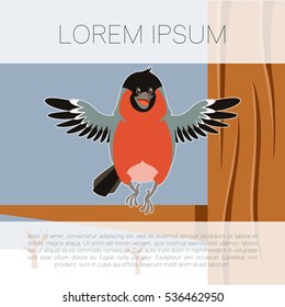 Vector image of the Happy Bullfinch on the Tree winter flat background