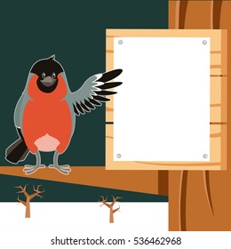 Vector image of the Happy Bullfinch on the Tree winter flat background