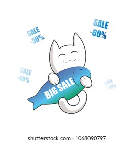 vector image of a happy cat with a discount coupon. sale sticker