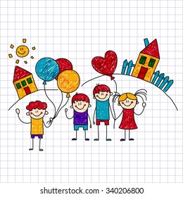 Vector image of happy children. Notebook paper. Kids drawing