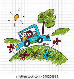 Vector image of happy children. Notebook paper. Kids drawing
