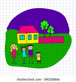 Vector image of happy children. Notebook paper. Kids drawing