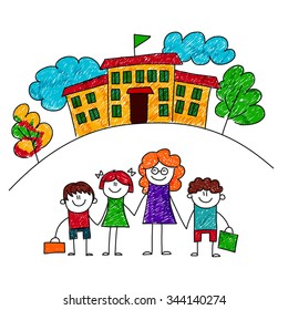 Vector image of happy children with teacher. Kids drawing