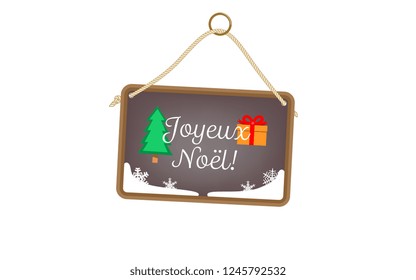 Vector image of a Happy Christmas hanging door sign in French, with festive images