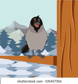 Vector image of the Happy Crow on the winter flat backgrownd