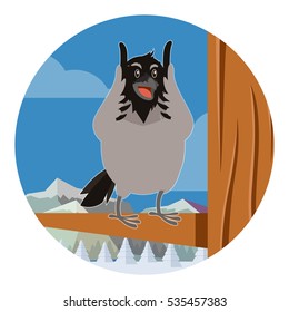 Vector image of the Happy Crow on the winter flat backgrownd