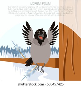 Vector image of the Happy Crow on the winter flat backgrownd