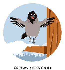 Vector image of the Happy Crow on the winter flat backgrownd