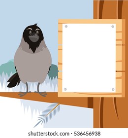 Vector image of the Happy Crow on the winter flat backgrownd